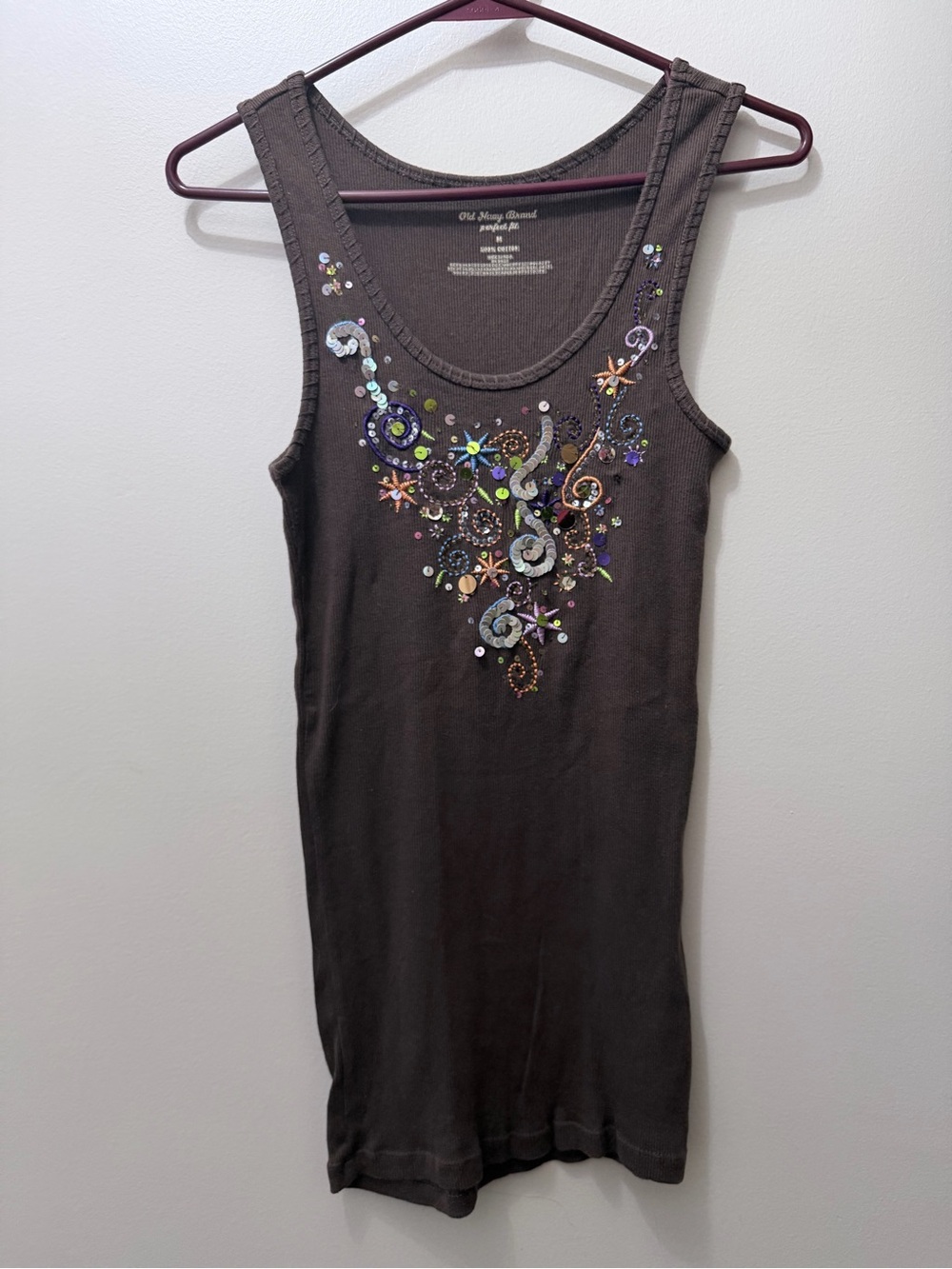 Vintage Y2K Old Navy Sequin Beaded Ribbed Paisley Tank Top Perfect Fit M